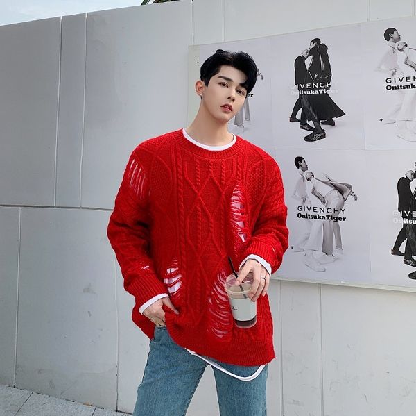 men's sweater autumn/winter 2019 new slimming solid color pullovers ripped sweaters loose casual men's wear round collar, White;black
men's sweater autumn/winter 2019 new slimming solid color pullovers ripped sweaters loose casual men's wear round collar, White;black