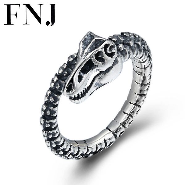 

fnj punk dinosaur rings 925 silver adjustable size open popular bone s925 solid thai silver ring for women men jewelry fine, Golden;silver