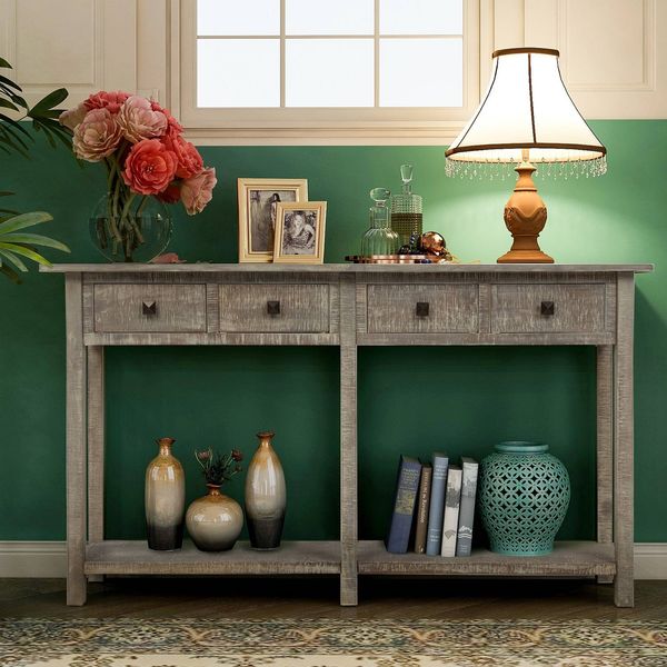 grey wash rustic brushed texture table console table with drawers +bottom shelf living room furniture
grey wash rustic brushed texture table console table with drawers +bottom shelf living room furniture