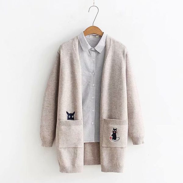 

kitten embroidery femine cardigan sweater mori girl autumn winter 2018, White