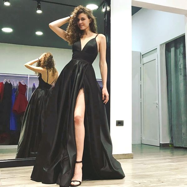 black deep v-neck a-line evening gowns spaghetti straps high slits long backless court train satin formal evening dresses new dh4132, Black;red
black deep v-neck a-line evening gowns spaghetti straps high slits long backless court train satin formal evening dresses new dh4132, Black;red