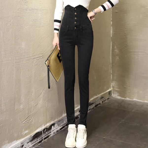 women high waist elastic skinny denim long pencil pants button black jeans camisa feminina ladies fat trousers, Blue
women high waist elastic skinny denim long pencil pants button black jeans camisa feminina ladies fat trousers, Blue