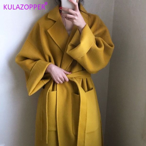 women yellow elegant winter wool overcoat long bandage woolen coat cardigan loose plus size outwear with pocket turn down collar, Black
women yellow elegant winter wool overcoat long bandage woolen coat cardigan loose plus size outwear with pocket turn down collar, Black