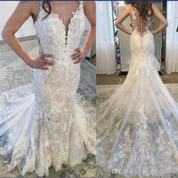 v neck mermaid wedding dresses lace appliques sweep train illusion bridal gowns 2019 covered button wedding dress plus size, White
v neck mermaid wedding dresses lace appliques sweep train illusion bridal gowns 2019 covered button wedding dress plus size, White
