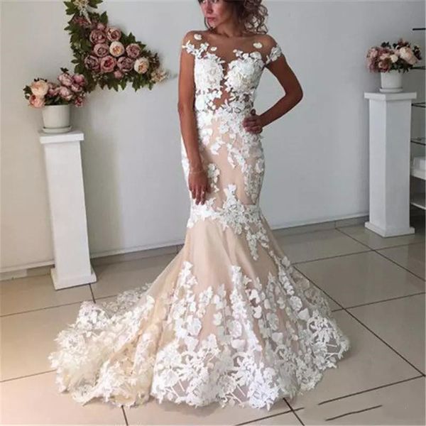 ivory lace appliques champagne mermaid wedding dresses open back 3d flowers bridal gowns plus size bohemian wedding dress, White
ivory lace appliques champagne mermaid wedding dresses open back 3d flowers bridal gowns plus size bohemian wedding dress, White