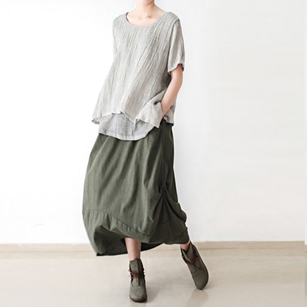 johnature original solid color women cotton linen skirt 2019 new irregular fold loose plus size skirt casual pockets vintage, Black;gray 
johnature original solid color women cotton linen skirt 2019 new irregular fold loose plus size skirt casual pockets vintage, Black;gray