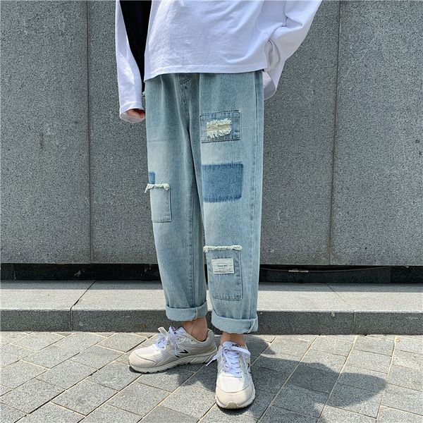 spring new jeans men fashion wash solid color straight hole patch denim pants man streetwear wild hip hop loose male clothes, Blue
spring new jeans men fashion wash solid color straight hole patch denim pants man streetwear wild hip hop loose male clothes, Blue