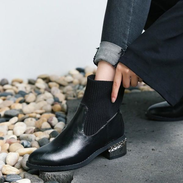 women winter boots pu sock boots ankle for women pointed toe hoof heels med heel shoes, Black
women winter boots pu sock boots ankle for women pointed toe hoof heels med heel shoes, Black