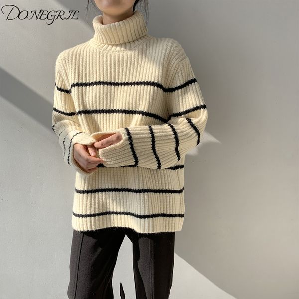autumn and winter women fashion high collar black and white striped knitting sweater casual warm sweater femme, White;black
autumn and winter women fashion high collar black and white striped knitting sweater casual warm sweater femme, White;black