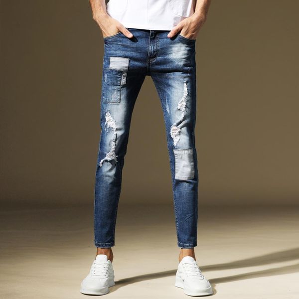 new 2019 men's male denim jeans cropped pants autumn and winter hole slim feet scraped squat pants trousers, Blue
new 2019 men's male denim jeans cropped pants autumn and winter hole slim feet scraped squat pants trousers, Blue