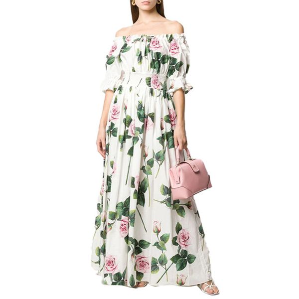 2020 new female runway off shoulder luxury rose print seaside holiday dresses elastic waist slim long dress, White;black
2020 new female runway off shoulder luxury rose print seaside holiday dresses elastic waist slim long dress, White;black