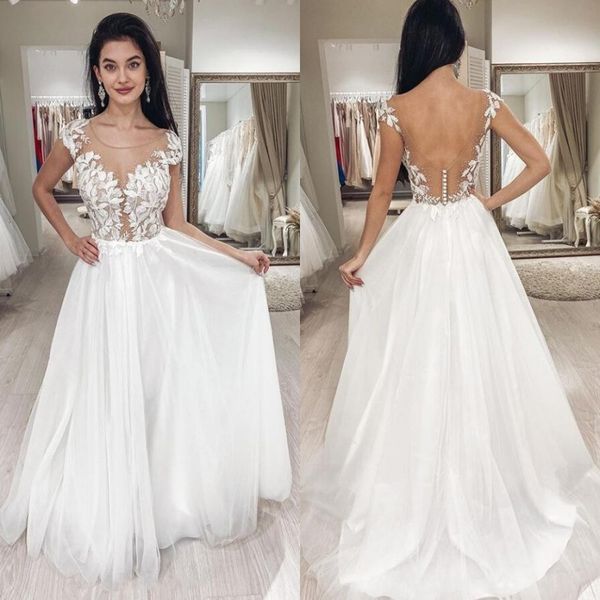 charming scoop neck cap sleeve a line wedding dresses 2020 backless tulle applique illusion wedding gowns vestidos de novia, White
charming scoop neck cap sleeve a line wedding dresses 2020 backless tulle applique illusion wedding gowns vestidos de novia, White