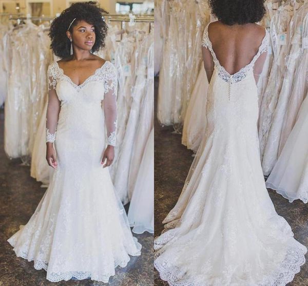 elegant illsion long sleeve wedding dresses lace applique backless african mermaid sweep train v neck bride gowns, White
elegant illsion long sleeve wedding dresses lace applique backless african mermaid sweep train v neck bride gowns, White
