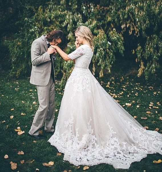 vintage beaded lace a line wedding dressses with illusion half sleeves appliques sweep train tulle plus size bridal gowns customize, White
vintage beaded lace a line wedding dressses with illusion half sleeves appliques sweep train tulle plus size bridal gowns customize, White
