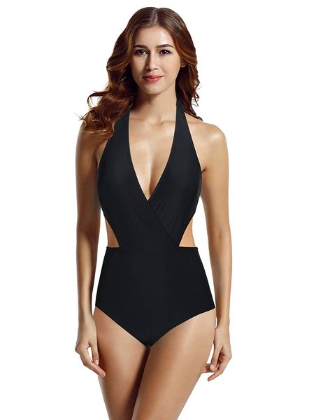 women's neckline high waisted halter one piece swimsuit, White;black 
women's neckline high waisted halter one piece swimsuit, White;black