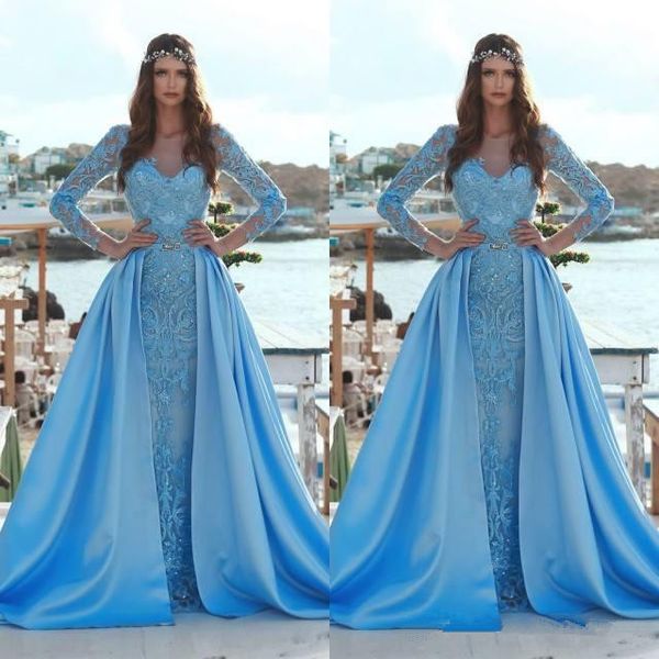 fairy sky blue mermaid evening dresses with detachable skirt 2019 sheer long sleeves vintage lace applique long prom gowns pageant, Black;red
fairy sky blue mermaid evening dresses with detachable skirt 2019 sheer long sleeves vintage lace applique long prom gowns pageant, Black;red