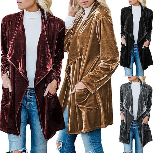 women autumn long sleeve lapel collar velour pockets trench coat cardigan, Tan;black
women autumn long sleeve lapel collar velour pockets trench coat cardigan, Tan;black
