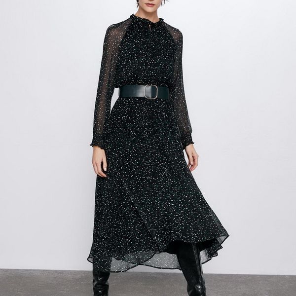 women chiffon dress spring 2020 new fashion with belt full sleeve ruffle collar modern lady prints long dresses, Black;gray
women chiffon dress spring 2020 new fashion with belt full sleeve ruffle collar modern lady prints long dresses, Black;gray