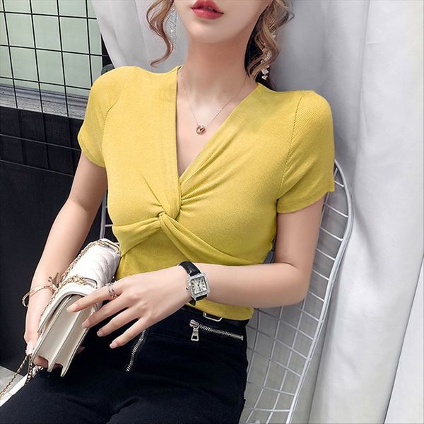 2020 lady short-sleeved t- women versatile slim and slim twisted base shirt v-neck shirt, White
2020 lady short-sleeved t- women versatile slim and slim twisted base shirt v-neck shirt, White
