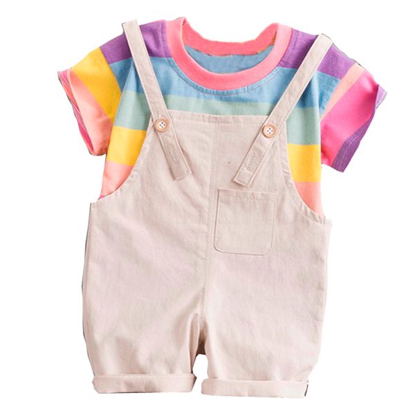 summer toddler baby boy kids clothes rainbow stripe short sleeve t-shirt straps pants romper outfits set, White 
summer toddler baby boy kids clothes rainbow stripe short sleeve t-shirt straps pants romper outfits set, White