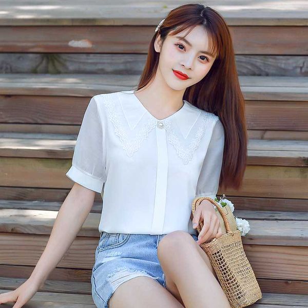 short sleeve peter pan collar summer chiffon shirts 2020 lace gauze women blouses embroidered youthful cute shirt girl top, White 
short sleeve peter pan collar summer chiffon shirts 2020 lace gauze women blouses embroidered youthful cute shirt girl top, White