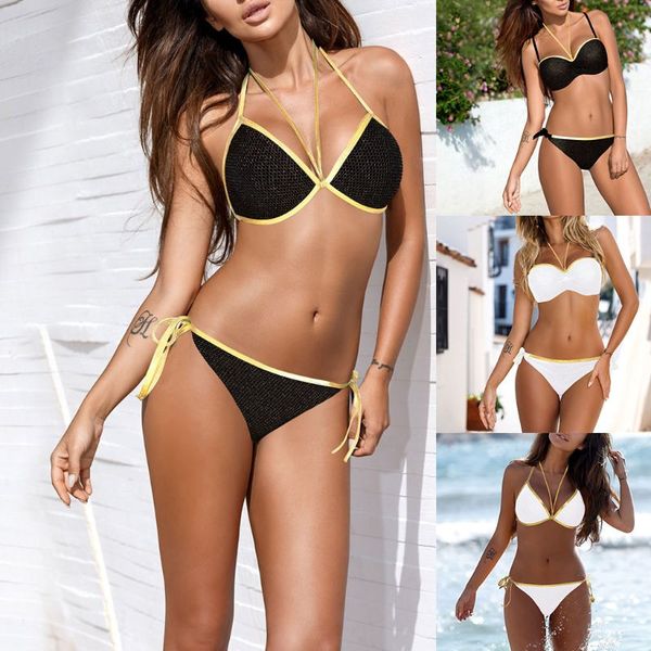 wholesale-women two piece bikini set padded strappy halter bra glitter gold faux leather brim side tie knot mesh patchwork thong, White;black
wholesale-women two piece bikini set padded strappy halter bra glitter gold faux leather brim side tie knot mesh patchwork thong, White;black