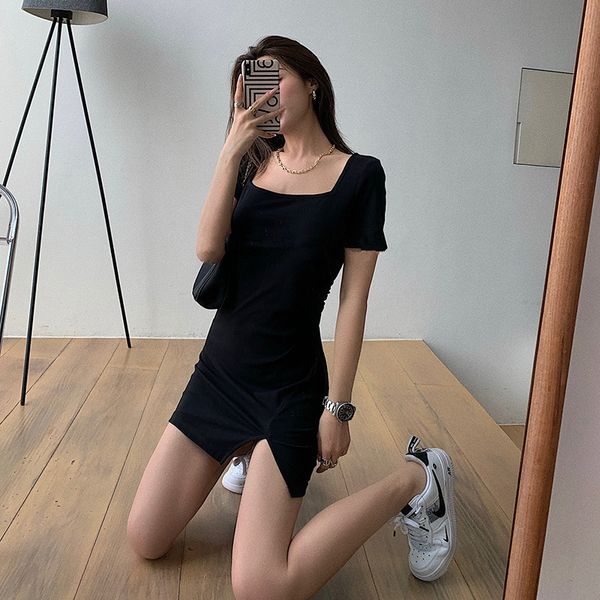 french bm waist style high square collar 2020 black temperament a- line dress split skirt
french bm waist style high square collar 2020 black temperament a- line dress split skirt