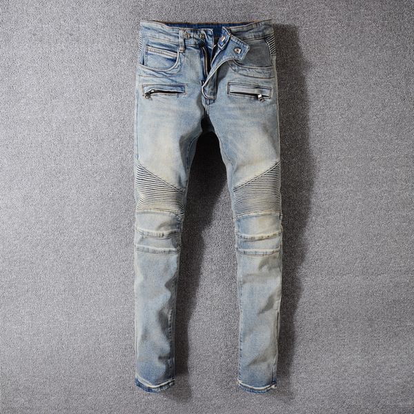 

fashion streetwear men jeans slim fit spliced designer retro wash hip hop jeans men denim cargo pants motor biker, Blue