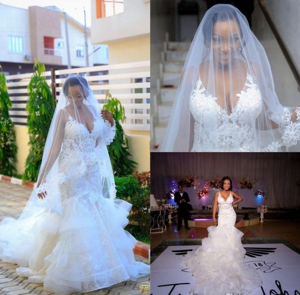 church plus size mermaid wedding dresses african v neck applique lace organza ruffles country wedding dress sheer straps bridal gowns, White
church plus size mermaid wedding dresses african v neck applique lace organza ruffles country wedding dress sheer straps bridal gowns, White