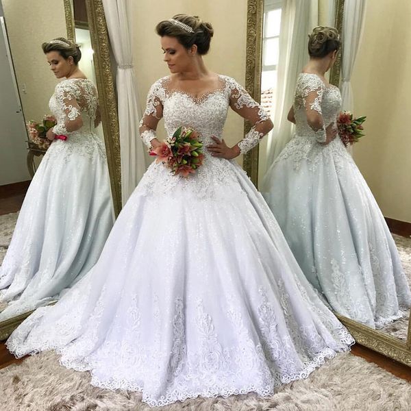 luxury bead ball gown wedding dresses sheer neck long sleeve lace appliques chapel wedding gown sequin long vestido de noiva, White
luxury bead ball gown wedding dresses sheer neck long sleeve lace appliques chapel wedding gown sequin long vestido de noiva, White