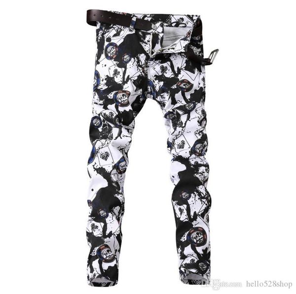 men's stretch white personalized printed jeans europe and the united states trade casual trousers pants sale, Blue
men's stretch white personalized printed jeans europe and the united states trade casual trousers pants sale, Blue