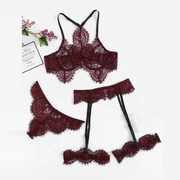 women's wine lace cutout perspective three-piece set nuisette femme de nuit underwear women set womens lingerie, Red;black
women's wine lace cutout perspective three-piece set nuisette femme de nuit underwear women set womens lingerie, Red;black