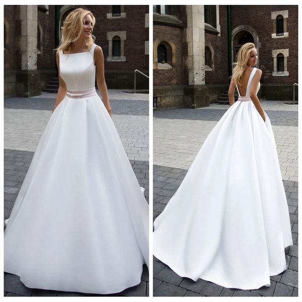 new arrival elegant pure satin wedding dresses square neck sleeveless ball gown with long tail backless bridal gowns, White
new arrival elegant pure satin wedding dresses square neck sleeveless ball gown with long tail backless bridal gowns, White
