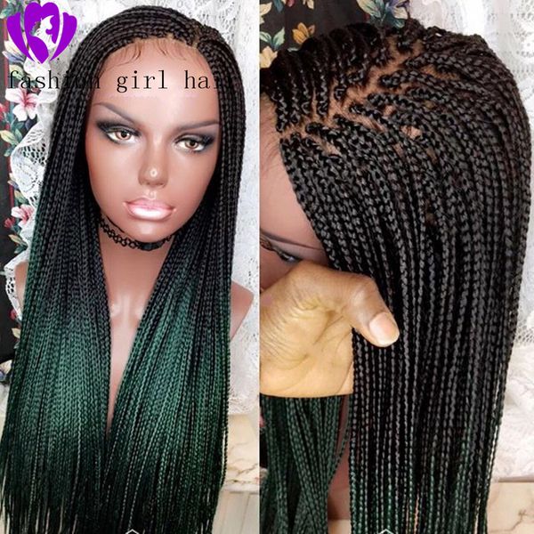new style handmade braided box braids wig ombre green color synthetic lace front wig for american black women cosplay party, Black;brown
new style handmade braided box braids wig ombre green color synthetic lace front wig for american black women cosplay party, Black;brown