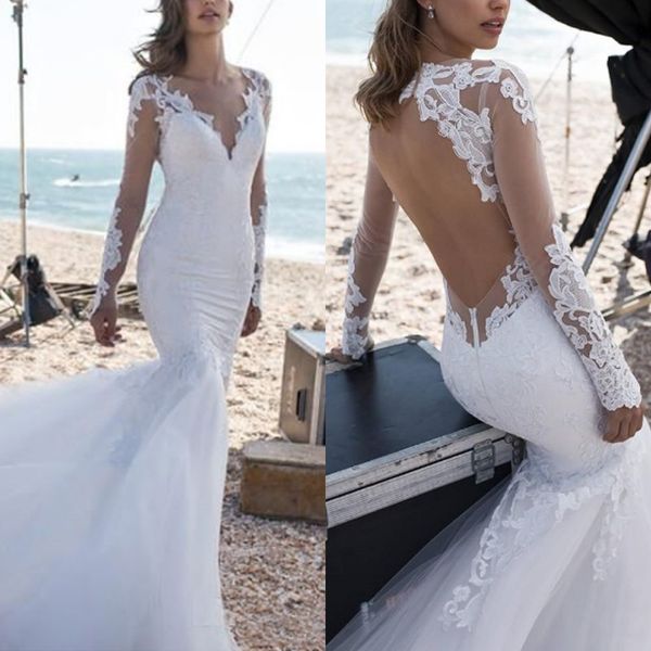 gorgeous long sleeve mermaid backless wedding dresses modest beach lace appliqued v neck bridal gowns sweep train tulle robe de mariée, White
gorgeous long sleeve mermaid backless wedding dresses modest beach lace appliqued v neck bridal gowns sweep train tulle robe de mariée, White