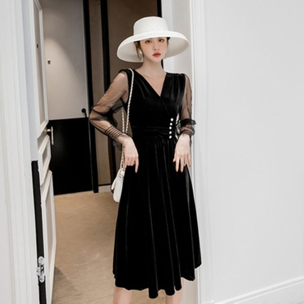 french vintage 2020 summer female v collar velvet splicing gauze long sleeves dress elegant slim party dress vestidos, Black;gray
french vintage 2020 summer female v collar velvet splicing gauze long sleeves dress elegant slim party dress vestidos, Black;gray
