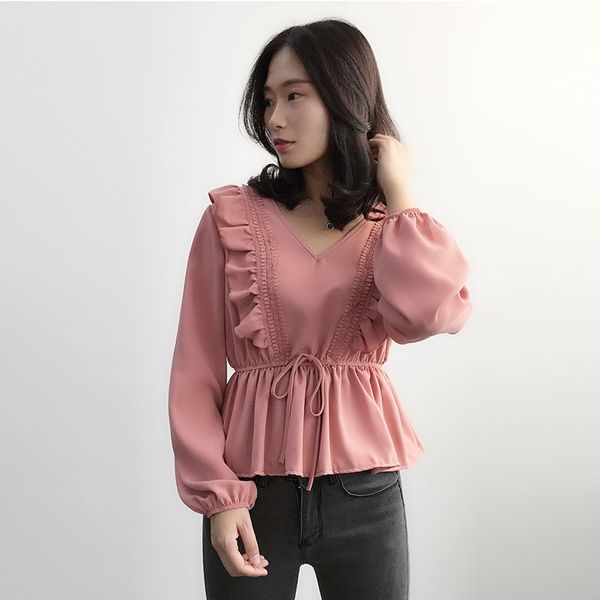 2019 spring and summer korean-style college style v-neck frilled joint lace waist hugging lace-up flounced chiffon blouse, White
2019 spring and summer korean-style college style v-neck frilled joint lace waist hugging lace-up flounced chiffon blouse, White