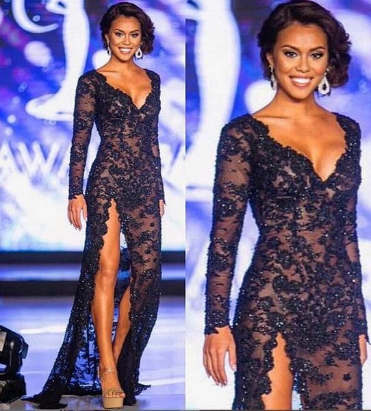 2019 Gorgeous sexy v neck prom Dresses long sleeves with lace beaded high split evening Dresses sweep train summer Red Carpet Party Gowns
2019 Gorgeous sexy v neck prom Dresses long sleeves with lace beaded high split evening Dresses sweep train summer Red Carpet Party Gowns