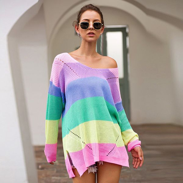 women knitting sweater 2019 new fashion rainbow sweater multi-color striped pullover women casual v neck knitted sweaters, White;black
women knitting sweater 2019 new fashion rainbow sweater multi-color striped pullover women casual v neck knitted sweaters, White;black