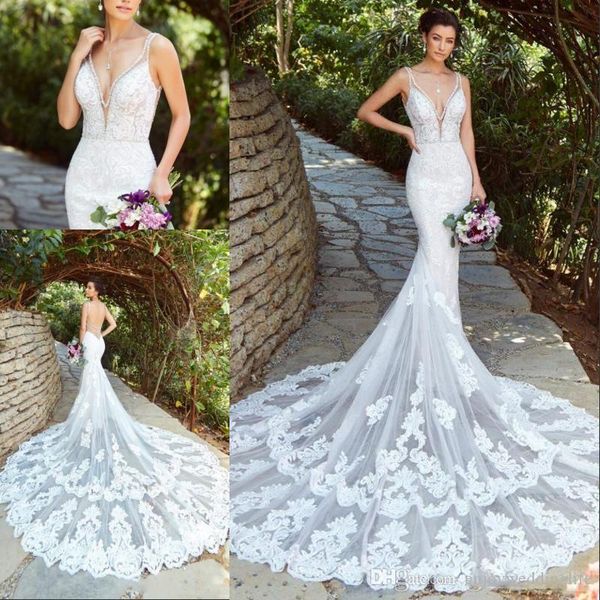 v neck backless mermaid wedding dresses spaghetti straps appliques lace see through tulle wedding dress bridal gowns vestido de novia, White
v neck backless mermaid wedding dresses spaghetti straps appliques lace see through tulle wedding dress bridal gowns vestido de novia, White