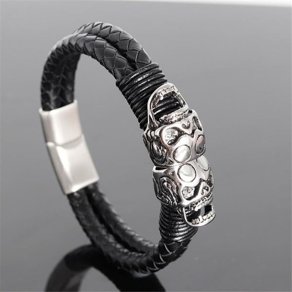 genuine handmade braided vintage leather skull ghost head shantou bracelets men stainless steel punk jewelry pulseras, Black
genuine handmade braided vintage leather skull ghost head shantou bracelets men stainless steel punk jewelry pulseras, Black