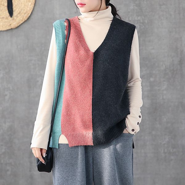 johnature autumn winter fashion patchwork v-neck knitted vest 2019 new loose comfortable all-match women pullovers sweater vest, White;black
johnature autumn winter fashion patchwork v-neck knitted vest 2019 new loose comfortable all-match women pullovers sweater vest, White;black