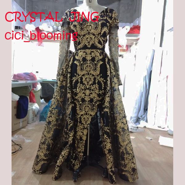 in stock special occasion dresses golden sequins arabic long sleeves v-neck gown high side split evening dresses with detachable train, Red
in stock special occasion dresses golden sequins arabic long sleeves v-neck gown high side split evening dresses with detachable train, Red