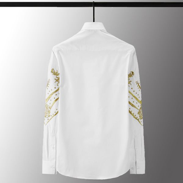 men's casual shirts gold embroidery luxury solid solor long sleeve mens dress plus size 4xl fashion slim fit male, White;black
men's casual shirts gold embroidery luxury solid solor long sleeve mens dress plus size 4xl fashion slim fit male, White;black