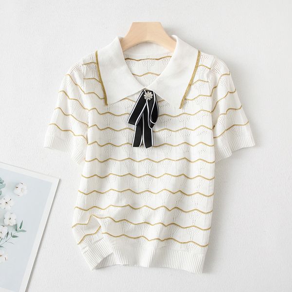 women's sweaters elegant summer women thin vintage casual wild pullovers turn-down collar bow short sleeve wave stripe lady knitted, White;black
women's sweaters elegant summer women thin vintage casual wild pullovers turn-down collar bow short sleeve wave stripe lady knitted, White;black