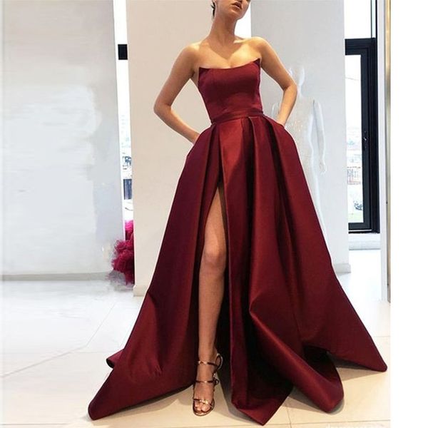 elegant a line strapless high slit satin burgundy prom dresses long navy blue evening gown with pockets formal dress, White;black
elegant a line strapless high slit satin burgundy prom dresses long navy blue evening gown with pockets formal dress, White;black