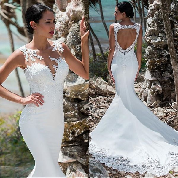 mermaid wedding dress sleeveless jewel sheer neck lace appliqued illusion backless boho wedding gown bride dress, White
mermaid wedding dress sleeveless jewel sheer neck lace appliqued illusion backless boho wedding gown bride dress, White