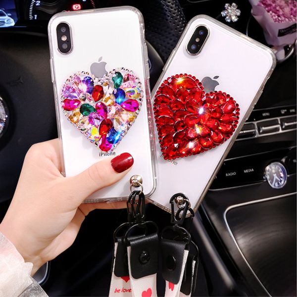 

Luxury Phone Cases Big LOVE Rhinestone Clear Soft TPU for iphone 15 14 13 12 11 pro max with Lanyard, Black