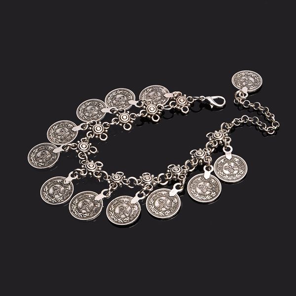 

new fashion charm vintage antique silver plated anklet ethnic carving coin pendants anklets foot chain lucky jewelry for women, Red;blue