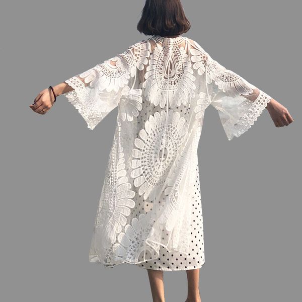 

kimonos cardigans women 2019 summer lace embroidery long blouses cardigan plus size kimono l~4xl holiday seaside beach cover, White